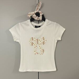 Just Polly New York Floral Patch Logo Ribbed Tee & Scrunchie Juniors Size M